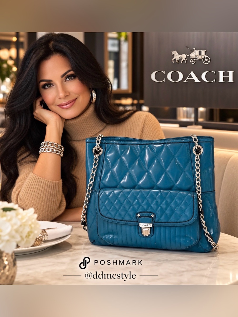 Wow 🤩Coach! EUC Quilted blue patent leather Shoulder Bag front pocket silver HW